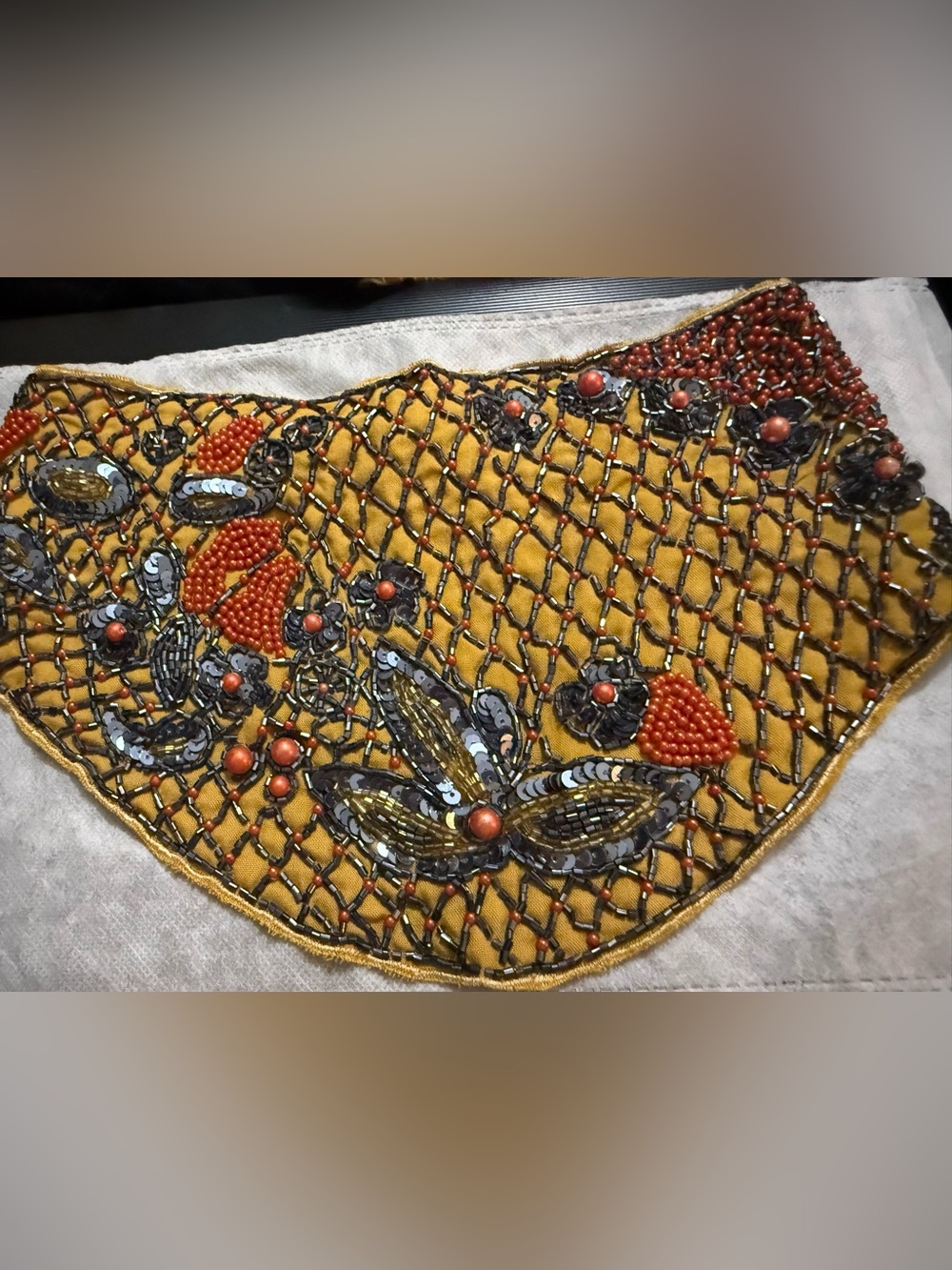 Embroidered Beaded Collar in Mustard Yellow with Coral Accents